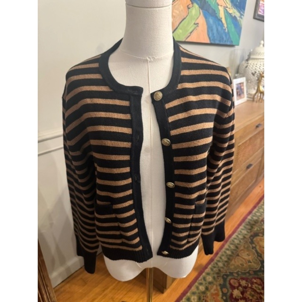 J.Crew Women Black Tan Striped Gold Crest Button Cardigan Sweater Small